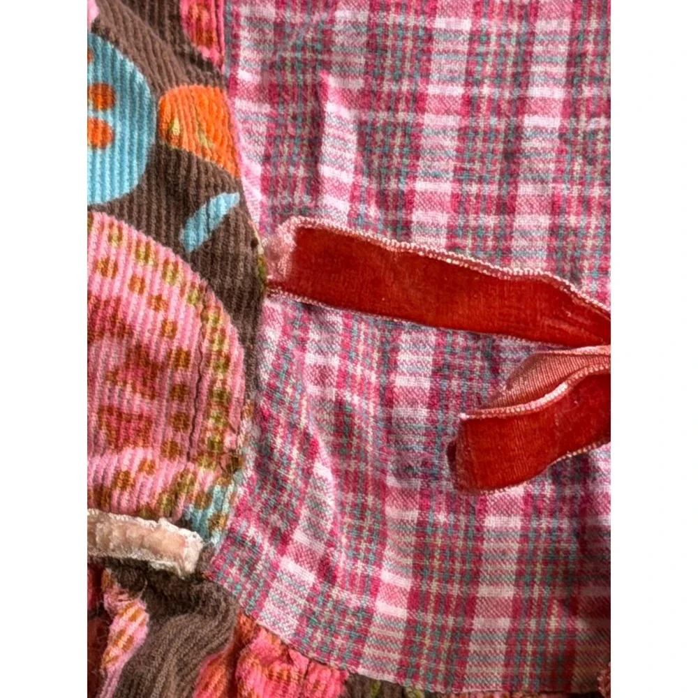 Room Seven Girls Patchwork Corduroy Dress Floral Plaid Tiered Boho Red Pink 4